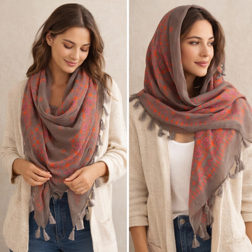 Free Press Gray Coral Pink Boho Tassel Scarf Wrap Shawl One Size